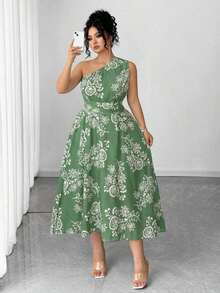 Vestido elegante de mujer de talla grande con estampado floral azul y blanco, elegante y chic para fiestas, graduaciones, vacaciones, festivales, citas, bodas y salidas - Verde Oliva - Ver 4