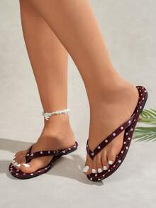 Spring/Summer New Round Toe Flat Flip Flops Women's Polka Dot Flat Sandals Beach Home Outdoor Casual Slippers - Burgundy - View 4