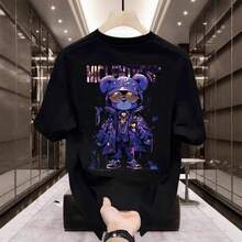 Camiseta de manga corta para hombre de algodón puro con estampado de oso de dibujos animados, cuello redondo, estilo casual y a la moda, nueva  2025, éxito de  de verano. PMVN - 200 g de algodón puro - negro - Ver 7