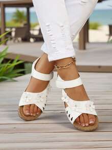 Women's Color Block Platform Sandals, Casual Open Toe Thick Bottom Flat Shoes, Comfortable Beach Slippers - White - View 7