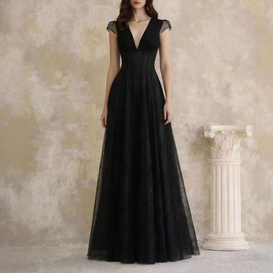 Vestido largo de mujer de moda en color sólido con cuello en V estilo té suave para primavera y otoño - Negro - Ver 1
