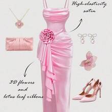 MOD Dreamy 3D Floral High-Slit Satin Dress With Draped Neckline And Ruffle Details – Perfect For Vacation, Romantic Occasions, Beachwear, Date, Picnic, Party, Prom, Festival, And Birthday; Romantic Vintage Court Style,Summer Dresses For Women - Marrón - Ver 3