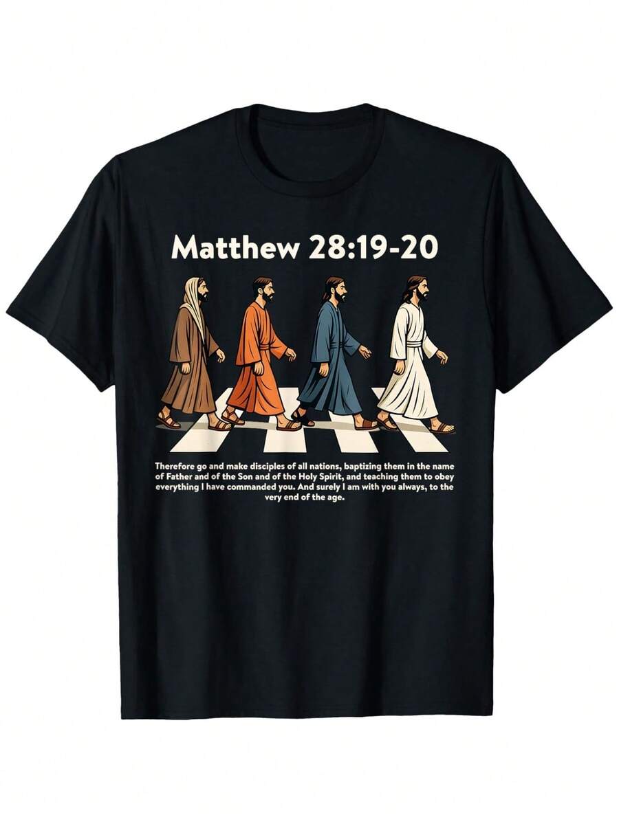 Abilu Christian T-Shirt For Women, Featuring Matthew 28:19-20, Disciple Crossroads Casual T-Shirt, 100% Pure Cotton, Comfortable Colors. Short-Sleeve Design With A Round Neck, New Women's Fitted T-Shirt With A Round Neck, Spring/Summer Style, Couple Style, Perfect For Wearing Together. - 黑色 - 查看 1