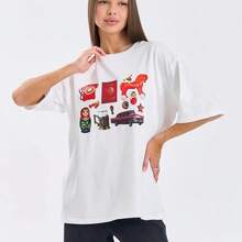 Top de algodón puro de verano 2026, estilo europeo y americano, holgado, versátil, elegante, de manga corta con estampado vintage. - Blanco - Ver 2