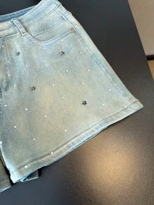 ALO FASHION Shorts vaqueros bohemios, bonitos y sexys para mujer, ideales para fiestas, con detalles de malla metálica y diamantes de imitación. Pierna recta y tejido elástico de alta calidad. - azul real - Ver 3