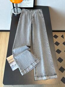 ALO FASHION Elegantes jeans de mezclilla de pierna ancha y larga para mujer, lavado gris casual con detalle de dobladillo sin rematar, tejido elástico de alta calidad para mayor comodidad y estilo. - Gris - Ver 1