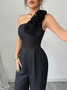 Mono de mujer de unicolor con cuello asimétrico, sin mangas y con estampado floral 3D - Negro - Ver 3