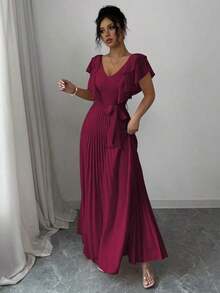 Vestido elegante y romántico de mujer con cuello en V, cintura con volantes y silueta en A - Burdeos - Ver 4