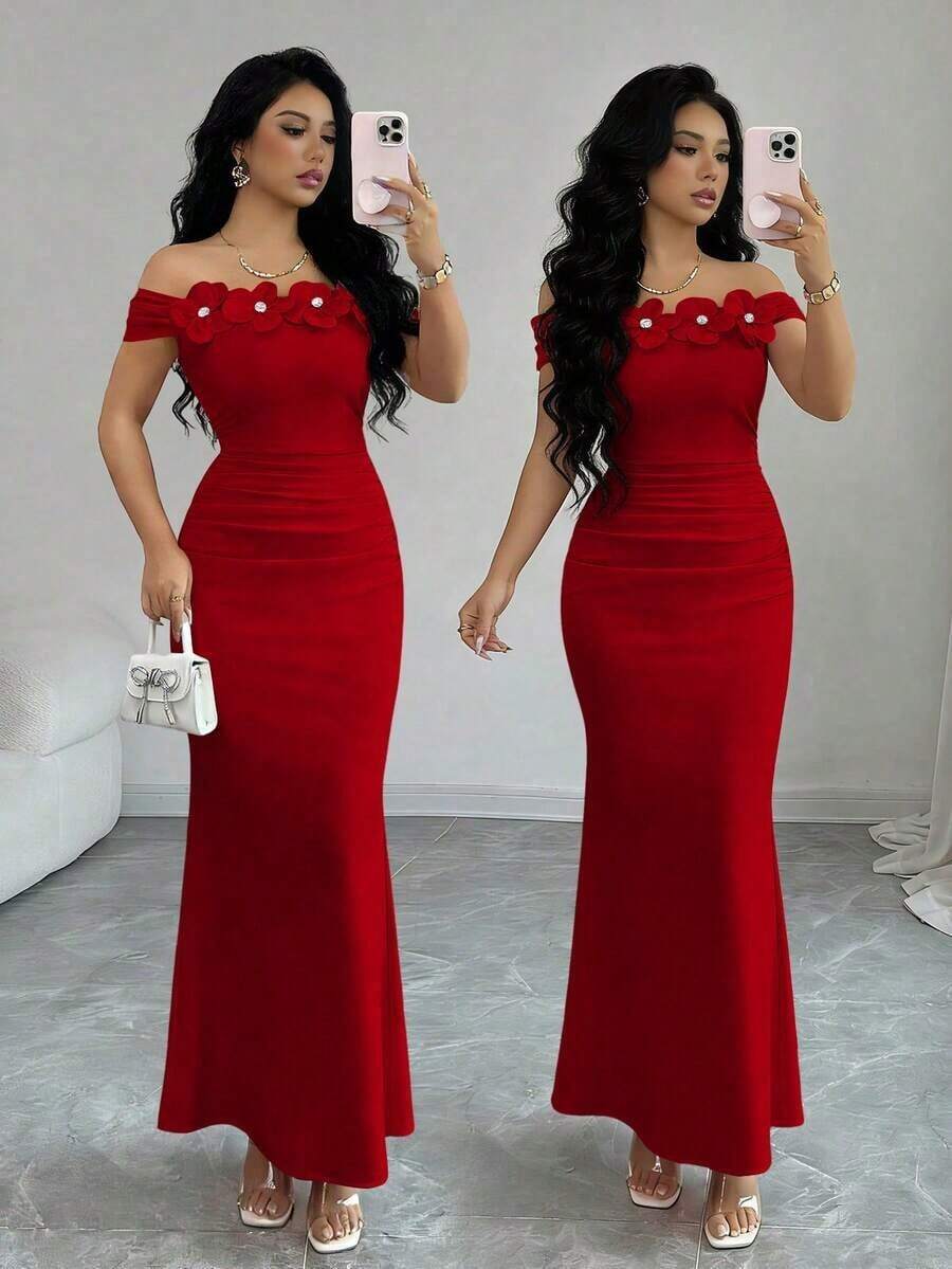Elegante, encantador y sexy vestido de punto ajustado con hombros descubiertos, fruncido y con estampado floral para fiestas, vacaciones, primavera/verano - Rojo - Ver 1