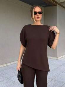 HH Blusa con mangas de pétalo y cintura ceñida, Vestido de fiesta de unicolor de manga corta y cuello redondo ajustado, Ropa de mujer asimétrica de verano - Óxido marrón - Ver 2