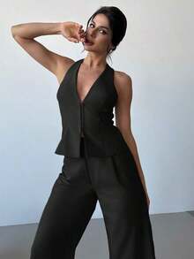 Set de 2 piezas: Elegante chaleco sin mangas de lino ligero con cuello en V y pantalones anchos de pierna plisada de cintura alta, conjunto casual de negocios para ir al trabajo, primavera/verano, graduación, atuendos de maestras, regreso a la esc - Negro - Ver 2