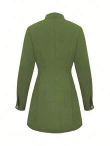 Vestido corto elegante de mujer con manga larga, estilo de moda casual con solapa y decoración de botones, para primavera y otoño - Verde militar - Ver 2