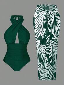 Swim 1 pieza Traje de baño de una sola pieza para mujer, con cuello de halter y lazo, en verde fresco, informal para playa, piscina, fiesta, primavera/verano - Verde - Ver 7