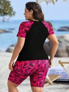 Swim Lushoire Tankinis de traje de baño de talla grande para mujer con estampado tropical de plantas para vacaciones de verano en la playa - Rosa Fucsia - Ver 2