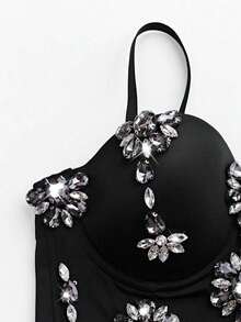 Top camiseta con decoración floral y de strass, estilo Y2K para mujer - Negro - Ver 5