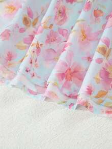 Acelitt Blusa de cuello en V con mangas de pétalo, cintura alta, estampado floral rosa y flecos, ideal para vacaciones y primavera - Celeste - Ver 7