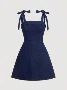 Vestido de mezclilla informal sin mangas con lazo en los hombros para mujer - Azul lavado oscuro - Ver 5