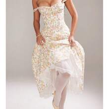 Vestido largo de mujer de moda otoño nuevo estilo dulce y picante vacaciones ajustado estampado digital tirantes encaje volantes vestido elegante - Blanco - Ver 1