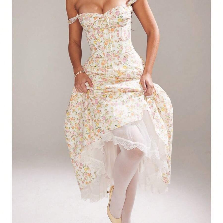 Vestido largo de mujer de moda otoño nuevo estilo dulce y picante vacaciones ajustado estampado digital tirantes encaje volantes vestido elegante - Blanco - Ver 1