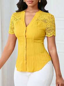 Camisa casual de mujer de unicolor y estilo simple para uso diario, verano - Amarillo 2 - Ver 5