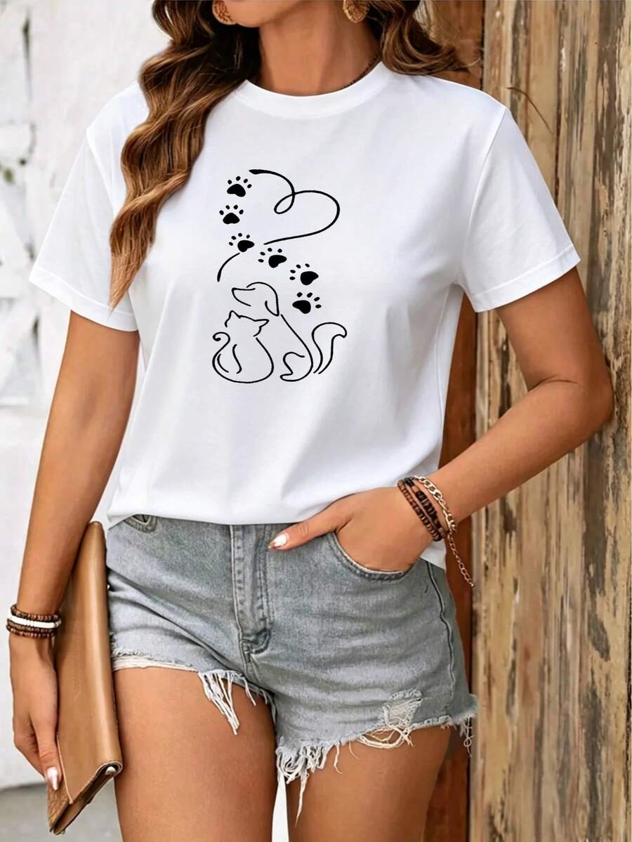 Camiseta informal de verano para mujer, de manga corta y cuello redondo, con un bonito estampado de huellas de mascotas y patas, de poliéster de corte regular, ideal para un look urbano a la moda. - Blanco - Ver 1