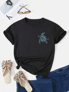 Camiseta de verano holgada y casual para mujer con estampado de tortuga, adecuada para la playa y para parejas en el Día de San Valentín. - Negro - Ver 1