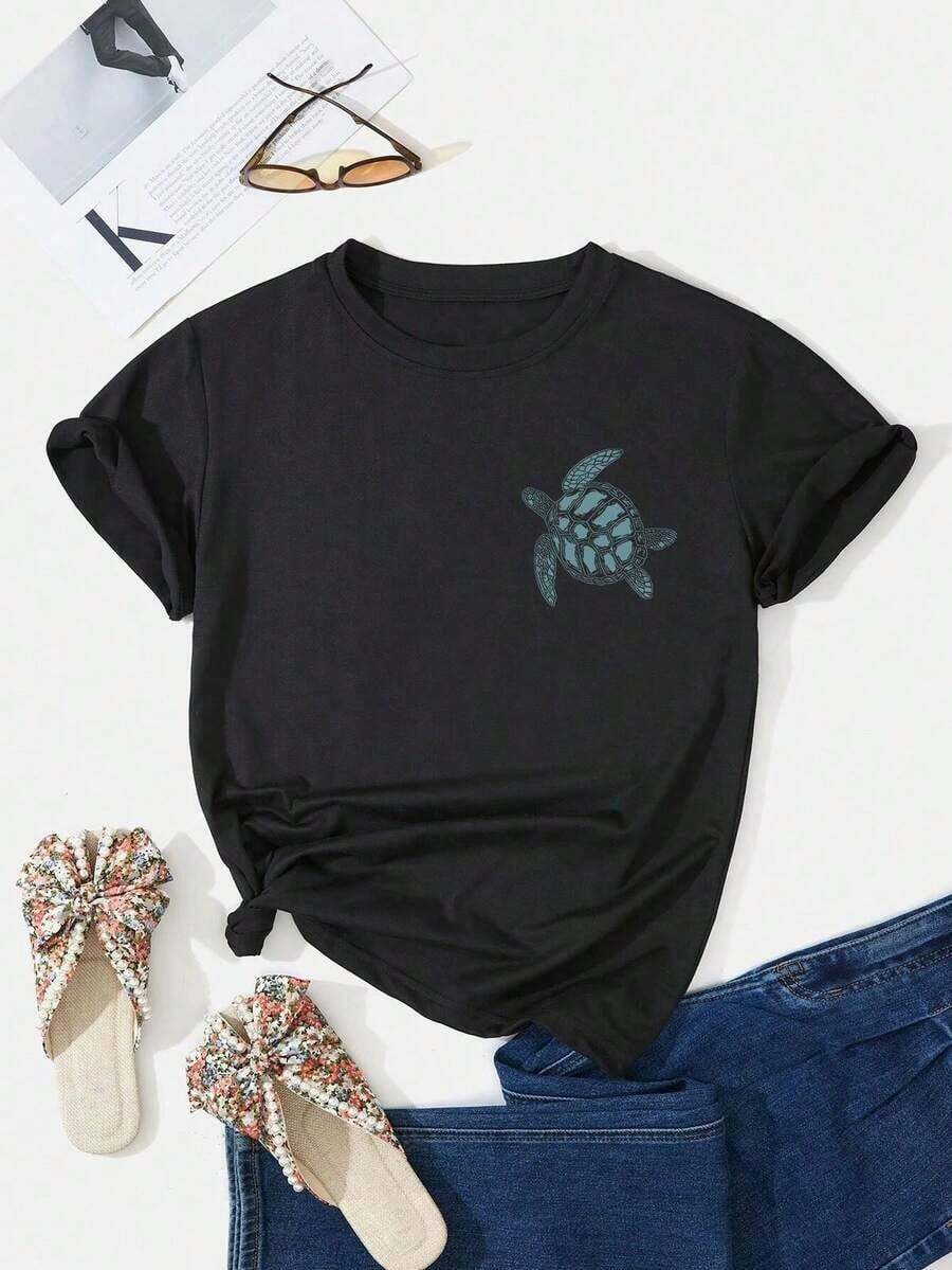 Camiseta de verano holgada y casual para mujer con estampado de tortuga, adecuada para la playa y para parejas en el Día de San Valentín. - Negro - Ver 1