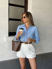 Blusa de manga larga con botones clásica para mujer, de tela cómoda, adecuada para uso diario - Azul - Ver 2