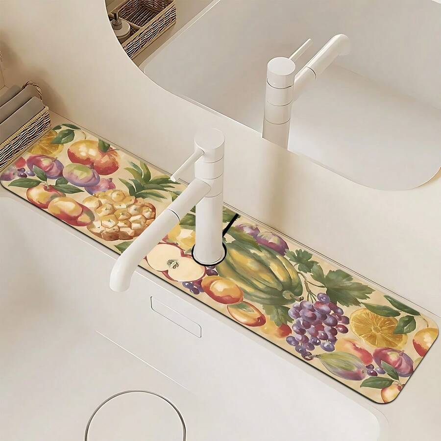 1 pieza Alfombrilla de fregadero con estampado de frutas, de poliéster duradero, de secado rápido, fácil de limpiar, adecuada para cocina y baño, fácil de instalar, decoración diaria, regalo, alfombrilla de baño, alfombrilla de fregadero duradera, accesorio de fregadero - Multicolor - Ver 1