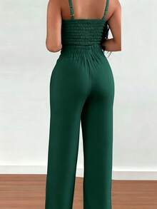 Women's High Waist Wide Leg Trousers & Camisole 2 Piece Set - Solid Color Slim Fit Smocked Back Summer Outfits - 綠色 - 查看 3