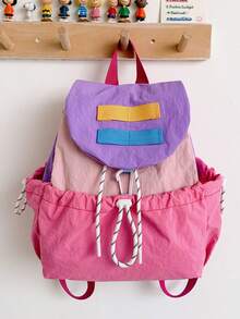 Ransel Unisex Bergaya Korea dengan Blok Warna Modis, Tas Sekolah Serut Bergaya untuk Siswa Sekolah Dasar, Ransel Siswa Kapasitas Besar Terbaru - Mawar merah muda - View 8