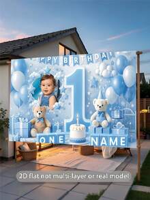 Customizable Name & Photo Blue 1st Birthday Teddy Bear Backdrop, Birthday Cake Cloud Flag Decor Design, Personalized 1st Birthday, Baby Shower Party Background, Photography Banner Prop, Vinyl Material - Light Blue - View 5