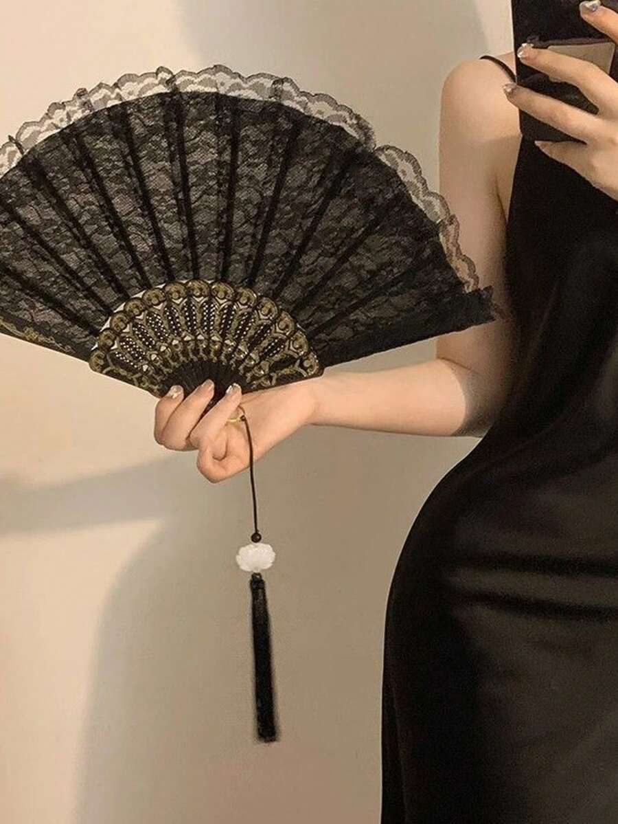1 Stück Vintage Palaststil Spitzen Orchidee Faltfächer, exquisiter Spitzen Retro Damen Fächer, leichter tragbarer Sommer Kühlfächer, Bühnenaufführung & Social Media Fotorequisite, klassischer dekorativer Fächer, geeignet für Mädchen, Frühlingsfest Serie - Spitzenfächer - Übersicht 1