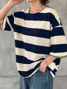 Camiseta suelta de cuello polo a rayas blancas y negras para mujer, camiseta de verano informal de talla grande - Azul marino - Ver 12