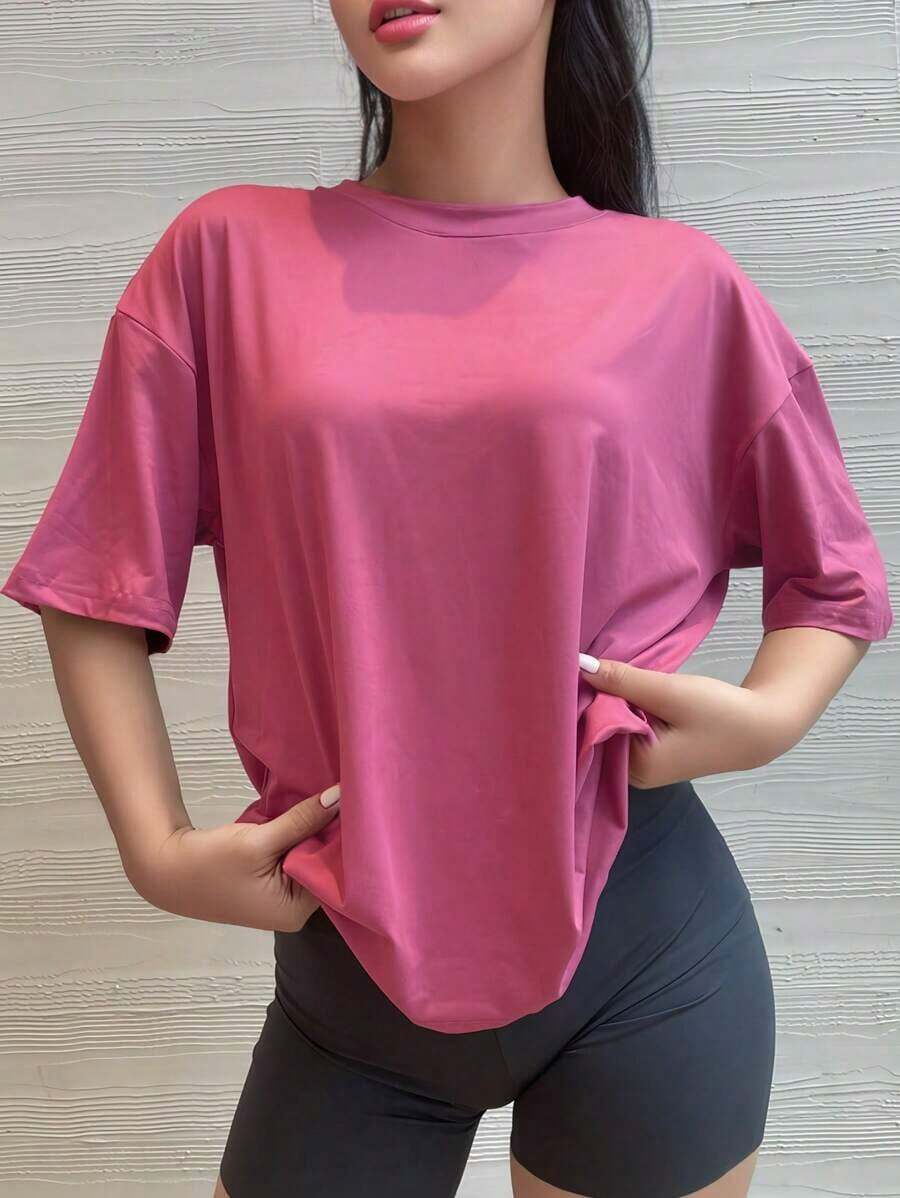 Camiseta de manga corta oversize, negro sólido, ajuste holgado casual para deportes blancos de verano - Morado - Ver 1