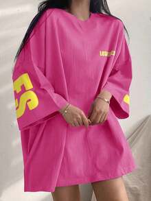 Camiseta holgada de manga larga con cuello redondo y estampado de letras para mujer, de estilo casual y suelto para el verano - Rosa Fucsia - Ver 6