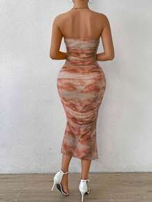 Vestido maxi con diseño de volantes y estampado floral para mujer - Cafetería - Ver 2