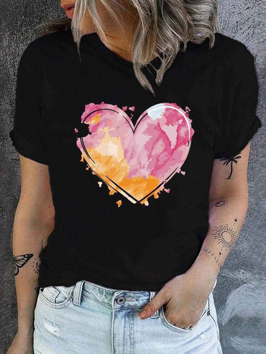 Camiseta estampada 100% algodón para mujer, top de manga corta con cuello redondo para primavera/verano, camiseta con estampado de corazones y cuello redondo, top casual de manga corta para primavera/verano, ropa de mujer. - Negro - Ver 1