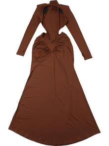 Vestido largo liso cuello alto verano 2025, ajustado elegante con espalda descubierta estilo moda - Marrón - Ver 7