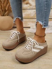 Women's Khaki & White Dual Stripe Wedge Thick Sole Sneakers, Woven Texture Sole Lace-Up Lightweight Casual Walking Training Shoes - Brown - View 5
