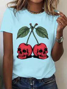 Camiseta Casual Deportiva para Mujer con Estampado de Calavera y Cerezas - [Rojo] - Ver 7