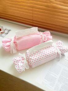 1pc INS Style Pink Plaid & Polka Dot Candy Tissue Box Cover, Girly Design, Dual Use For Living Room And Car - Multicolor - View 4