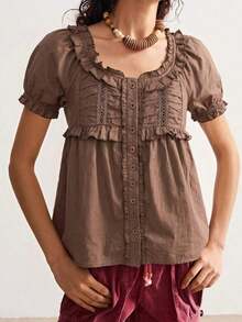 Blusa holgada de manga corta de unicolor tejida de estilo casual para mujer - Café integral - Ver 6