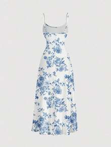 Casual Minimalist Blue & White Floral Print Dress, Women's Vacation Outfit, Boho Style, Hawaii Beach Dress, Country Style For Women, Ruched Waist Swing Strap Dress For Summer,Summer Dresses,Sun Dress Summer Clothes Women Dresses Women Elegant Dresses Woman Dress,Pastel Dresses For Women Suitable For Going Out Chic Dress - Multicolor 4 - Ver 6