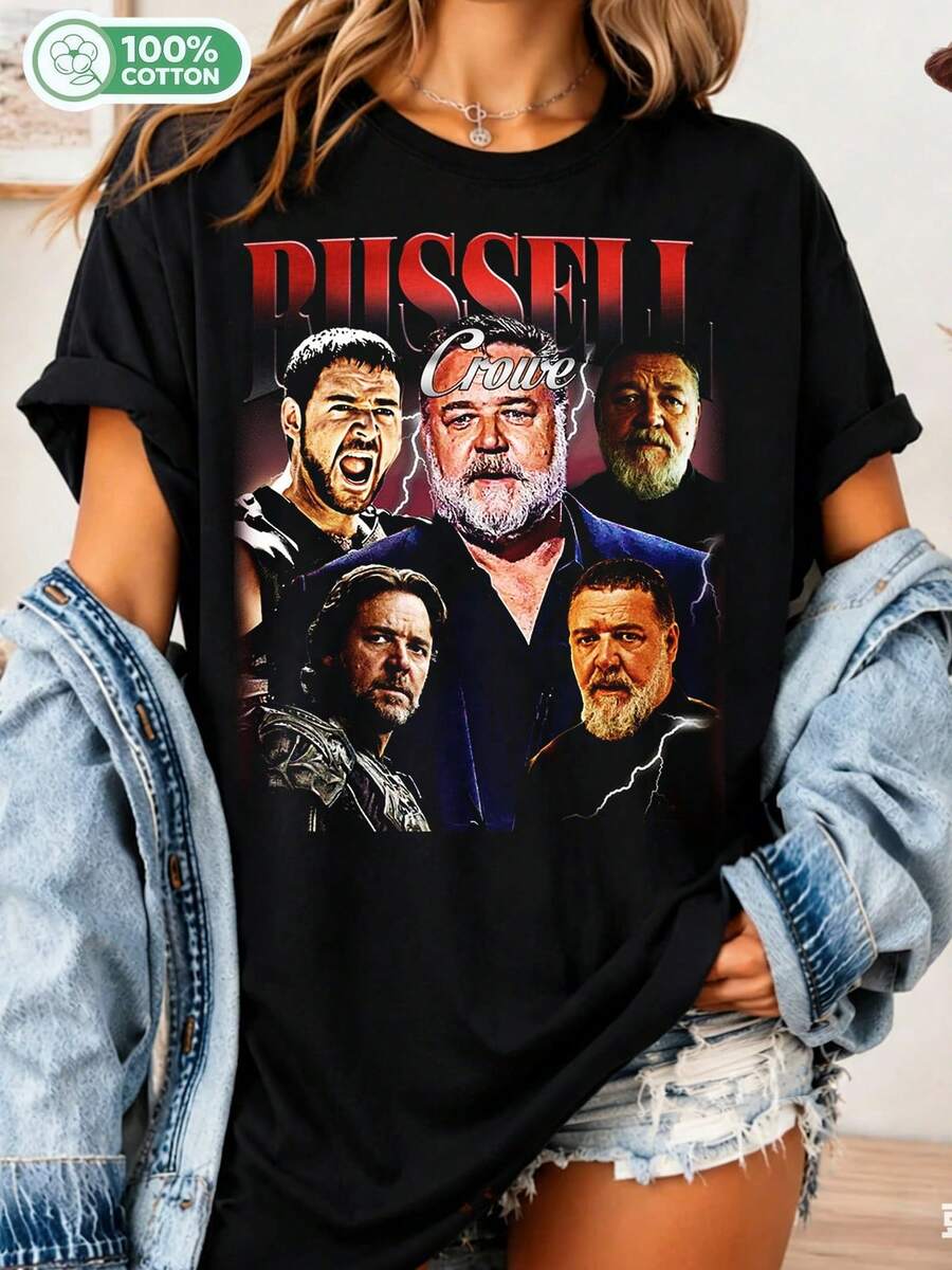 Limited Edition Vintage Russell Crowe T-Shirt, Retro Gift For Film Fans, For Women And Men, Unisex T-Shirt For Fans Of. - Black - View 1