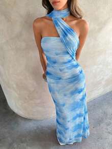 Vestido de mujer elegante y sexy con estampado floral de malla - Celeste - Ver 8