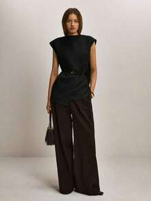 Blusa suelta con bajo asimétrico de unicolor para mujer - Negro - Ver 4