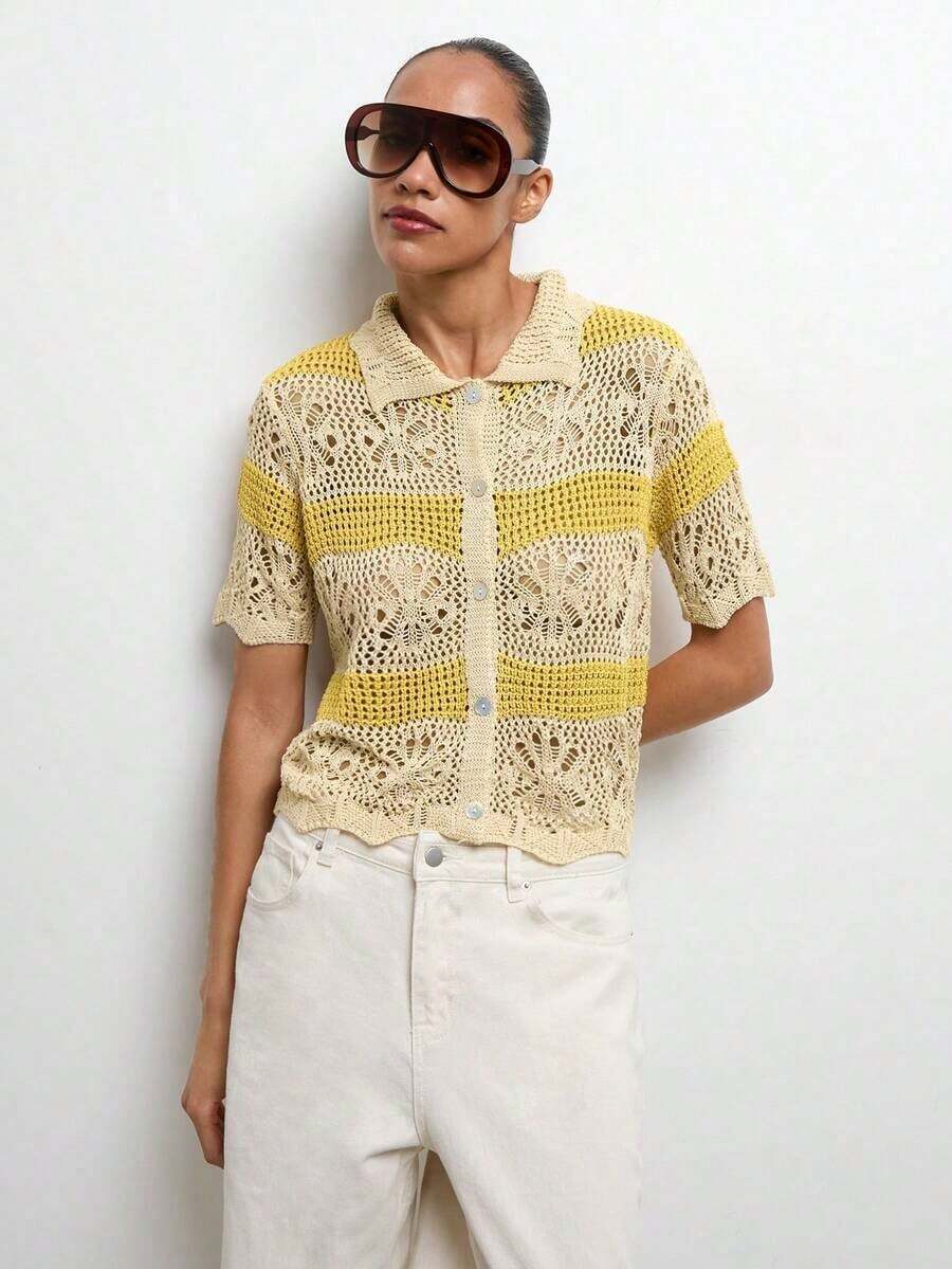 Cardigan sin mangas ligero con encaje de estilo boho y tejido abierto para la playa MAIJA - Albaricoque - Ver 1