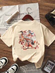 New Summer Short-Sleeved Round Neck T-Shirt, Casual Style With Wave And Japanese Crane Print, A Versatile And Elegant Blouse For Women - 杏 - 查看 2
