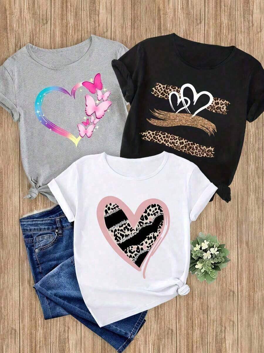 Camiseta de manga corta con cuello redondo para mujer, con estampado en forma de corazón, transpirable y que no provoca sudoración, suave y lisa, de textura de alta calidad, adecuada para deportes y fitness, uso diario, vacaciones, oficina, escuela, fiestas y diversas otras ocasiones.Artículo único - Blanco - Ver 1